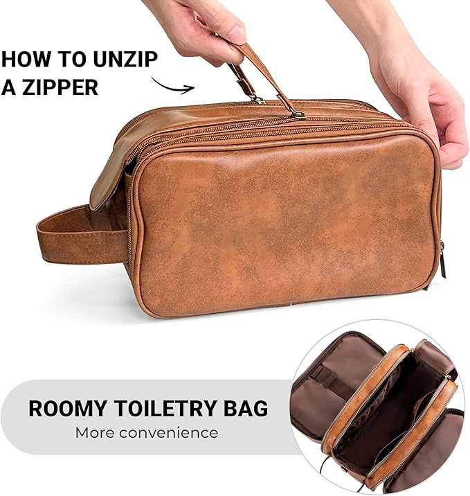 Elviros Travel Toiletry Bag Gift for Men，Mens Toiletries Bag Gifts Set Shaving Dopp Kit Water-resistant Bathroom Toiletries Organizer PU Leather Cosmetic Bags 2 Pack Brown