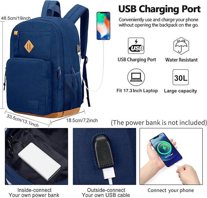 KEOFID Classic Travel backpack for Men and Women, Anti Theft Laptop Backpack with USB Charging Port for Work, Large Bag for College, Water Resistent(Blue 19inches)