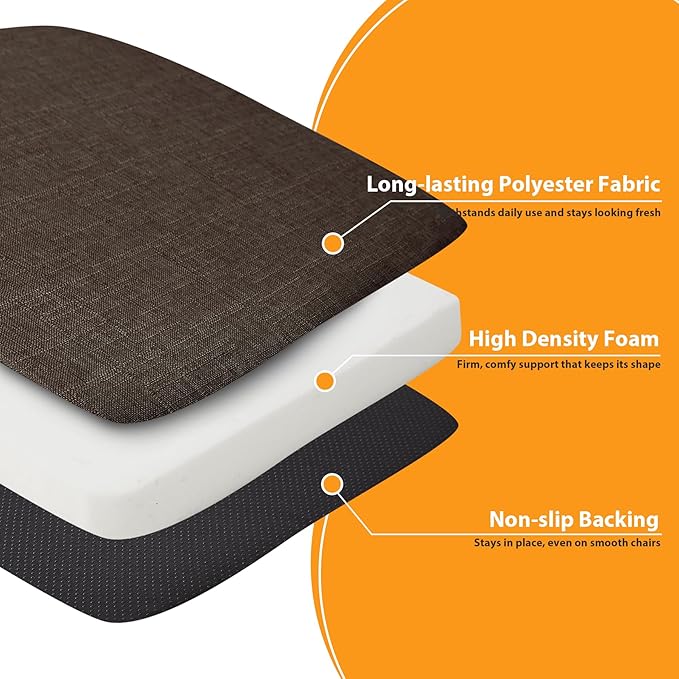 Chair Cushions for Dining Chairs, 2" Thick Seat Cushions for Kitchen Chairs, D-Shaped Chair Pads with Washable Cover, Ties and Non Slip Backing, 17'' x 16'', Set of 6, Brown