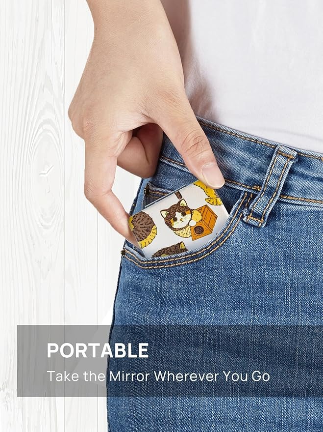 OMIRO 1X/3X Magnifying Mirror, Unique Painting Compact Mirror with Classical PU Leather (Ginger Cat)