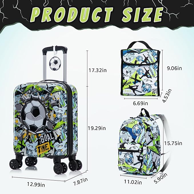 Kid’s Luggage Set 6 Piece Suitcase Set 16" Hardside Luggage with Spinner Wheels Girls Boys Carry on Luggage Travel Rolling Luggage Airline Approved (Soccer)