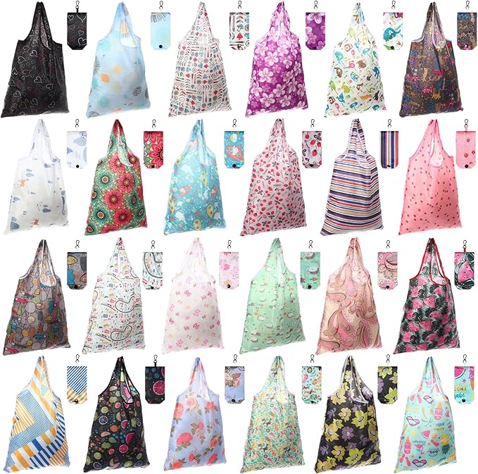 Paterr 24 Pcs Foldable Reusable Shopping Bag Recycle Travel Grocery Bag Fold to Pocket Tote Bulk for Daily Supplies Load