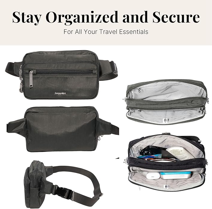 Baggallini Securtex Anti-theft Belt Bag 8.8"x5.5" Crossbody Fanny Pack for Women RFID Wallet Locking Zipper Travel Purse