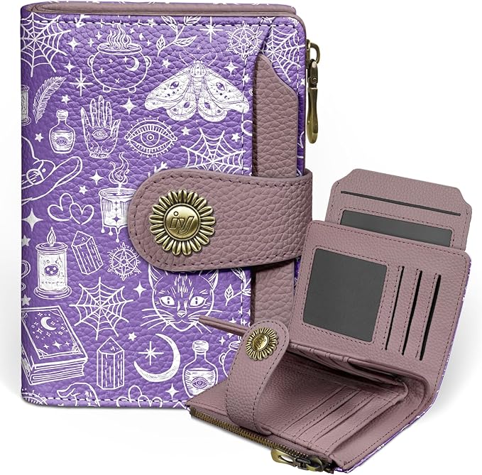 Icycay Goth Gothic Small Wallet Women RFID Blocking Bifold, Credit Card Holder, Zipper Coin Pocket, Witchy Magic, PU Leather, Compact, Travel, 4 ID Window, 14 Card Slots, Cash Purse, Ladies Woman
