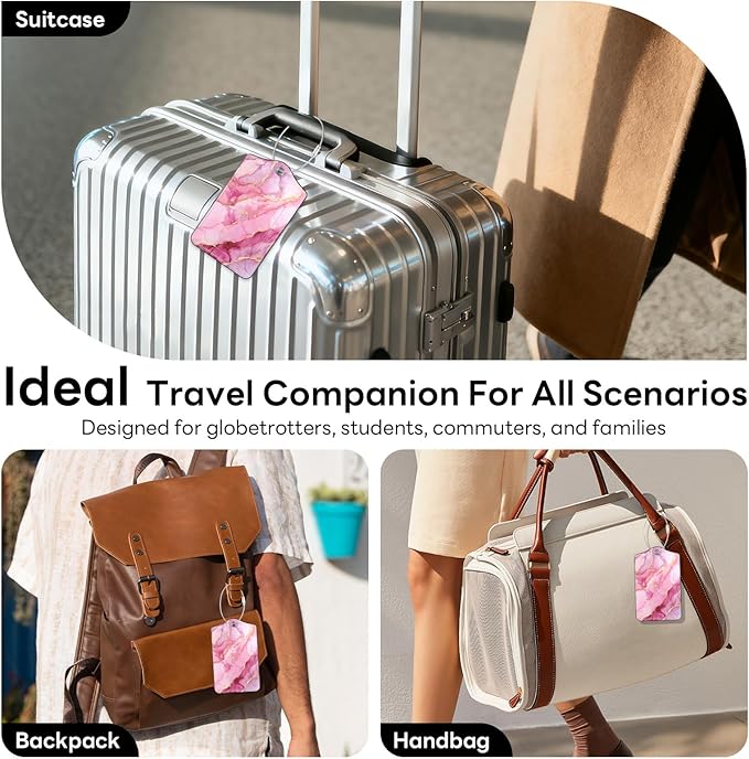 2 Pack PU Leather Luggage Tags for Suitcases, Privacy Protection Cover with Stainless Steel Loop and Address Card, Travel Cruise Essentials (Pink Gold Marble)