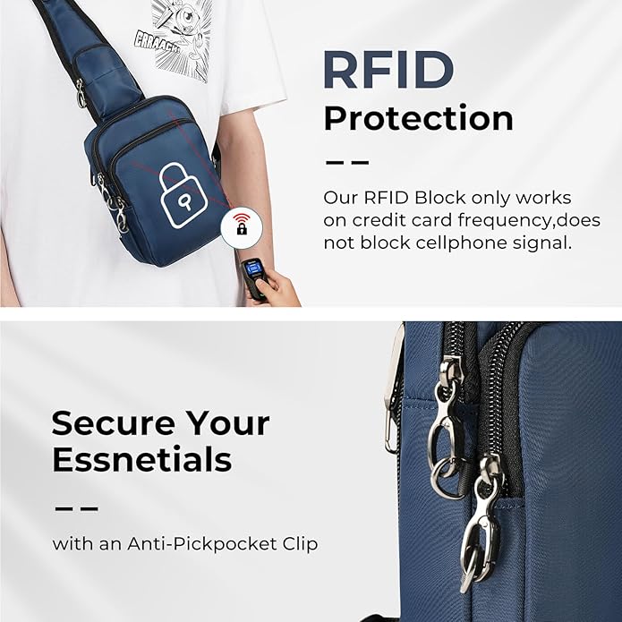 BROADREAM Mini Crossbody Sling Bag, Small Chest Bags Dual Pocket with Zipper Lock, RFID Blocking & Water Resistant Women Men