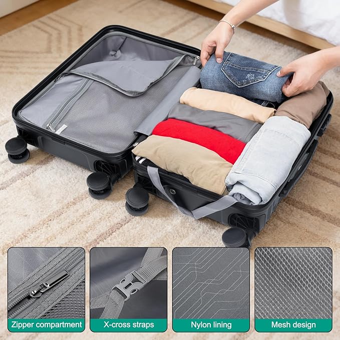 Joyway Luggage Sets 6 Piece with Detachable Spinner Wheels, Lightweight Hard Shell Travel Suitcse Set with TSA Lock (Black, 6 Piece Set)