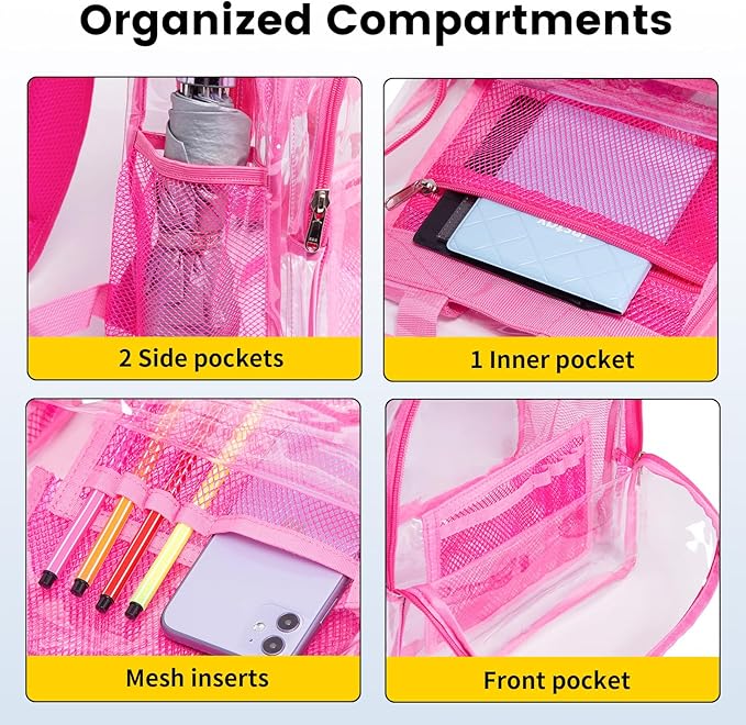 Vorspack Clear Backpack Heavy Duty PVC Transparent Backpack with Reinforced Strap Stitches & Large Capacity for College Workplace Security - Pink