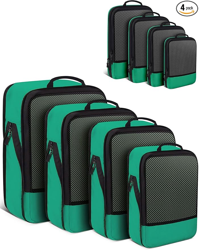 4 PCS Set Compression Packing Cubes for Travel, Lightweight Packaging Organizer Bags for Carry On Space Saving, Travel Essentials Cubes for Suitcase Backpack, Green
