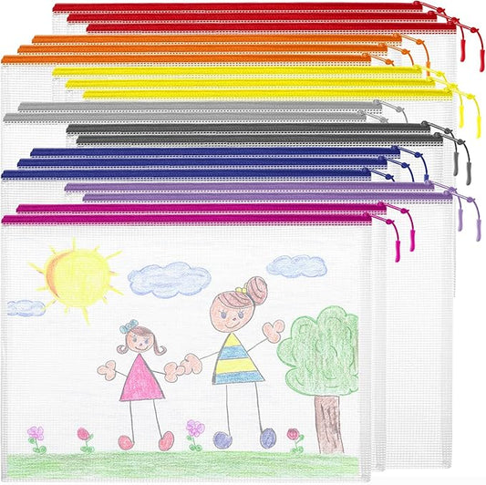 20PCS Mesh Zipper Pouch Bags, A4 13x9 Inches Waterproof Mesh Bags with Zipper, Plastic Zipper Pouch for Organizing, Mesh Bag for Travel Storage, 8 Colors Assortment