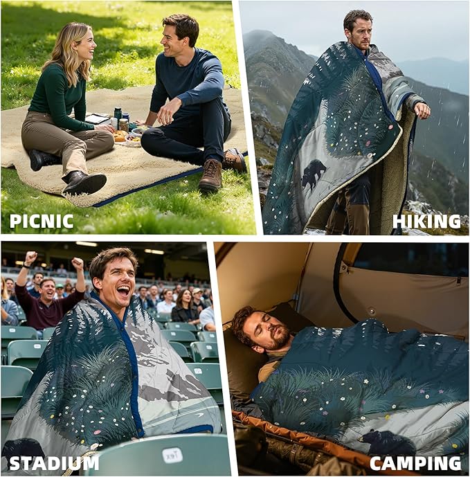 Outdoor Camping Blanket with Sherpa Lining, Extra Warm Thick Camp Blankets and Puffy Ultralight Soft Poncho DWR Camping Quilt for Cold Weather, Adventure, Sleeping, Backpacking 78"x 56"