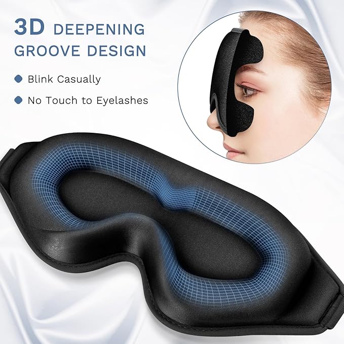 FlyCoco 99% Fully Block Out Light Eye Sleep Mask, 3D Deep Contoured Eyes Cover Zero Pressure, Long Lash Extension Eyes Mask with Adjustable Straps for Sleeping Travel Home Nap Rest Women Men (Black)