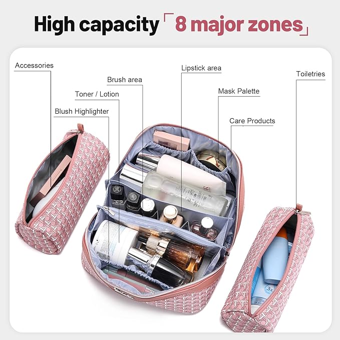 BOYATU Travel Makeup Bag Cosmetic Bags for Women: Large Capacity 3 Pcs Set Make up Bag with Compartments - Waterproof Vegan Leather Toiletry Organizer Bags with Handle (M-79Pink)