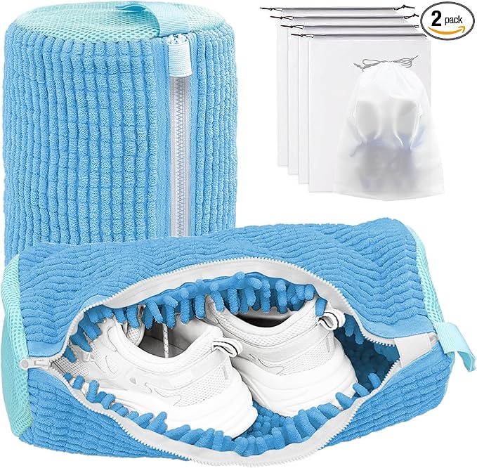 Shoe Washing Machine Bag,Laundry Shoe Bag for Washer and Dryer,Reusable Shoe Cleaning Bag for Sneakers,Tennis Shoes,With Self-locking Zipper, Microfiber Inside,Include Shoe Bag (Pro Blue - 2 Pack)