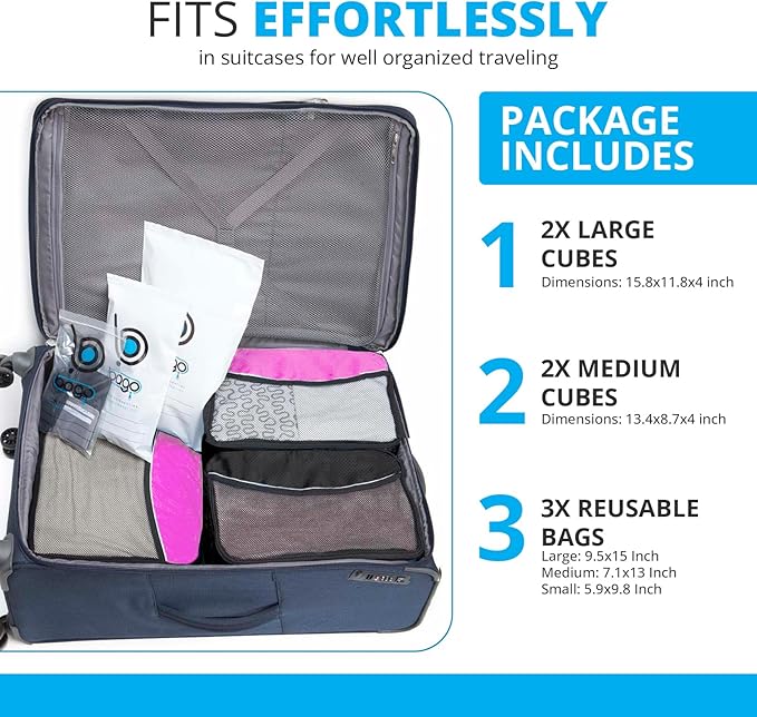 bago 7 Pcs Packing Cubes for Travel - 4 Travel Packing Cubes for Suitcases with 3 ZipLock Bags - Luggage Organizer Bags to Get Maximum Storage, Save Time & Effort to Pack (Black Pink)