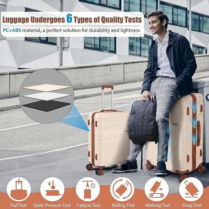Hoteel Luggage Sets 3 Piece,(4-YEARS WARRANTY) ABS+PC Durable Lightweight Hard Shell Luggage Sets With TSA Lock For Travel,Business Trip, Suitcase Set 20 24 28 Inch, Beige