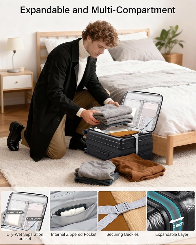 Hanke 24 Inch Expandable Luggage Top Opening Checked Bag Luggage Hard Shell Suitcases with Wheels Lightweight Travel Luggage Medium Suitcase with Lock for Woman Men-Jet Black