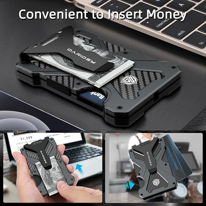 Minimalist Wallet for Men- Slim Aluminum Metal Money Clip Wallet with Clear ID Card Holder, Carbon Fiber Wallet, RFID Blocking,Holds up 15 Cards with Cash Clip,Ultra-Thin Tactical Wallet - Dark Grey