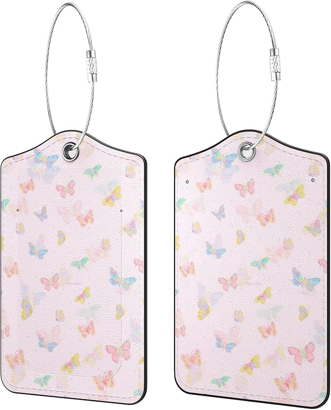 2 Pack PU Leather Luggage Tags for Suitcases, Privacy Protection Cover with Stainless Steel Loop and Address Card, Travel Cruise Essentials (Pink Butterfly)