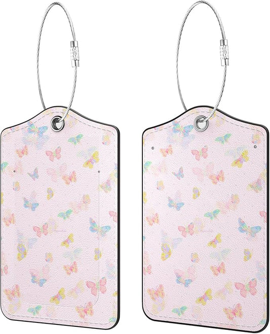 2 Pack PU Leather Luggage Tags for Suitcases, Privacy Protection Cover with Stainless Steel Loop and Address Card, Travel Cruise Essentials (Pink Butterfly)