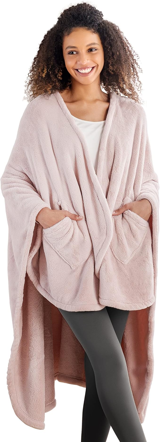 Berkshire Blanket Primalush™ Wearable Blanket, Cozy Loungewear Pocketed Plush Cape Wrap for Adults &Teens(Pink, One Size 58"X64")