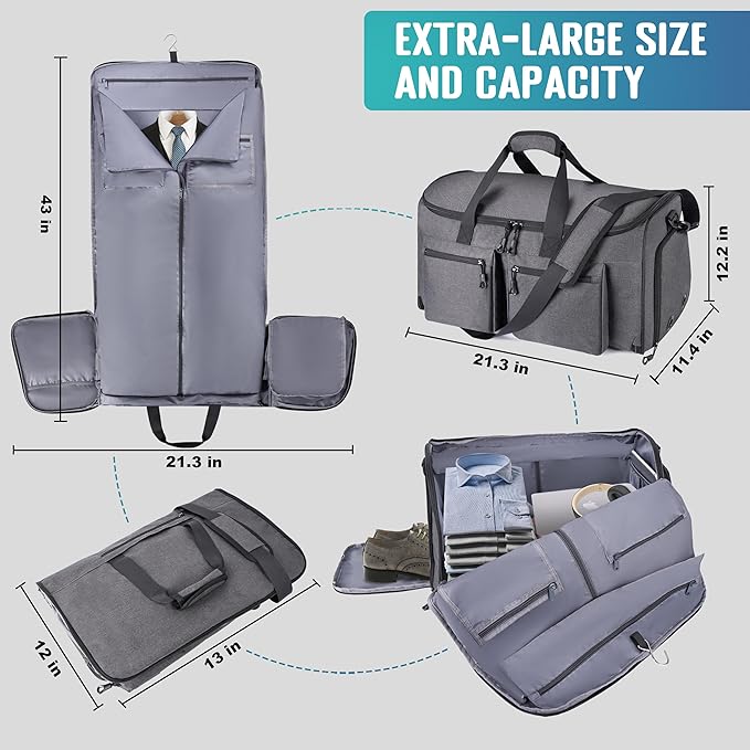 HILOMON Convertible Duffle Bags for Travel Carry On Suit Duffle Bags with Shoulder Strap 2 in 1 Hanging Garment Duffle Bag for Men Women (Gray Mesh Storage)