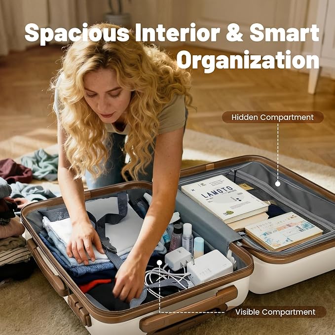 3-Piece Luggage Set with 20” Carry On, ABS Hardside Suitcase with Spinner Wheels & TSA Lock, Easy-Control Rolling Suitcase for Business Trips & Weekend Getaways (20/TB/DB Beige)