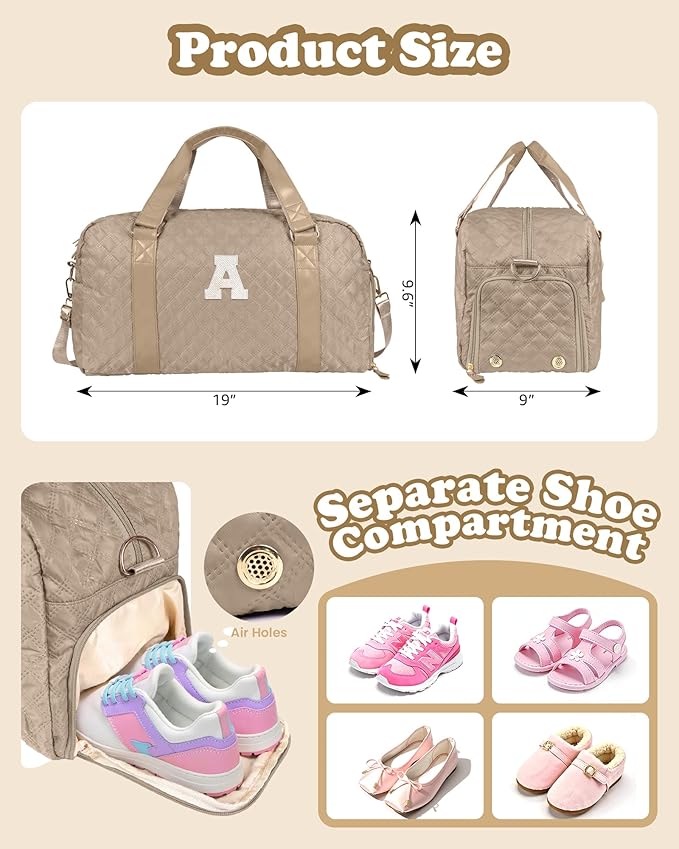 Initial Travel Duffle Bag Women Girls Gift: Personalized Weekender bags, Dance Cheer bag Sports for Girl, Kid Gymnastics Bags, Birthday Gifts for Women Girls Kids Teens Mom Teacher