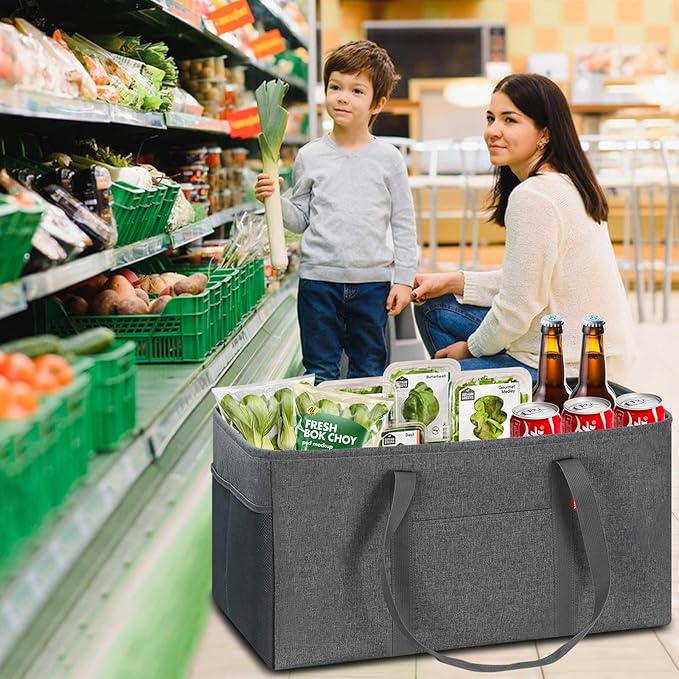 LHZK Standing Extra Large Utility Tote Bag with Metal Wire Frame and the Sides Rinforced, Extra Large Tote Bag with Handle, Reusable Grocery Bags Foldable, Beach Bag, Car Tote (Gray, 26''x15''x13'')