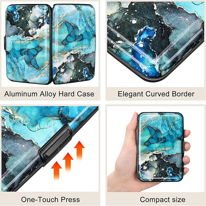 ELFISH RFID Blocking Credit Card Protector Aluminum ID Case Hard Shell Business Card Holders Metal Wallet for Men or Women (Graygreen Marble)