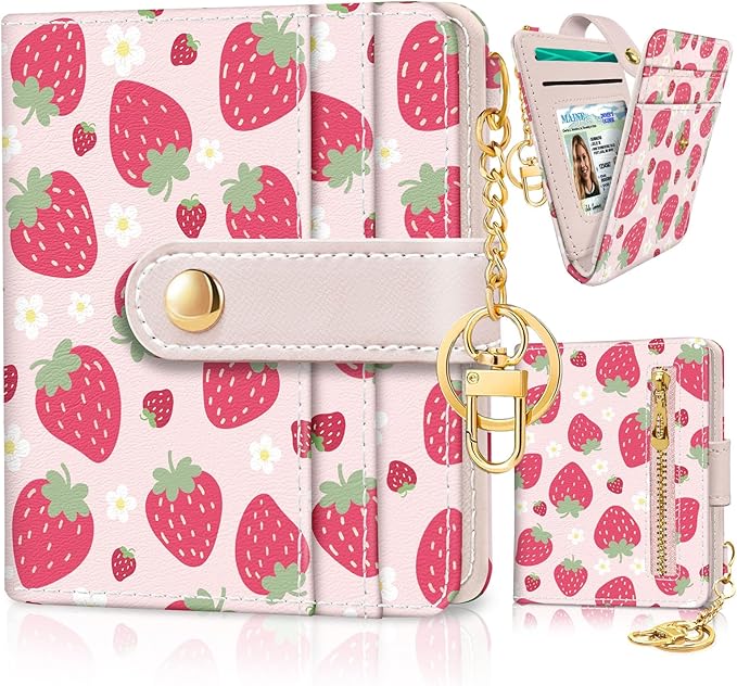 Jogjam Strawberry Rfid Girls Girly Teen Wallet, Small Slim Thin Compact Travel Credit Card Women Wallet, Cute PU Leather Bifold Cash Zipper Coin Pocket ID Window for Female Ladies Gifts