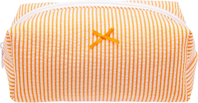 PAZIMIIK Cozy Makeup Bag Small Aesthetic Travel Zipper Cosmetic Pouch for Women Make Up Beauty Accessories Brushes, Stripe Orange