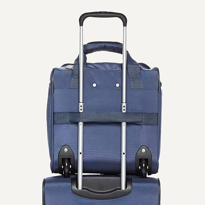 Amazon Basics Underseat Carry-On Luggage with Wheels and Handle, 14" Rolling Travel Bag, Fits Overhead Bins, Organized Compartments, Navy