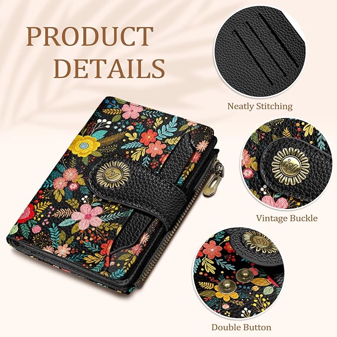 Icycay Floral Flowers Small Wallet Women RFID Blocking Bifold, Credit Card Holder, Zipper Coin Pocket, PU Leather, Compact, Travel, 4 ID Window, 14 Card Slots, Cash Purse, Ladies Woman Female Girls