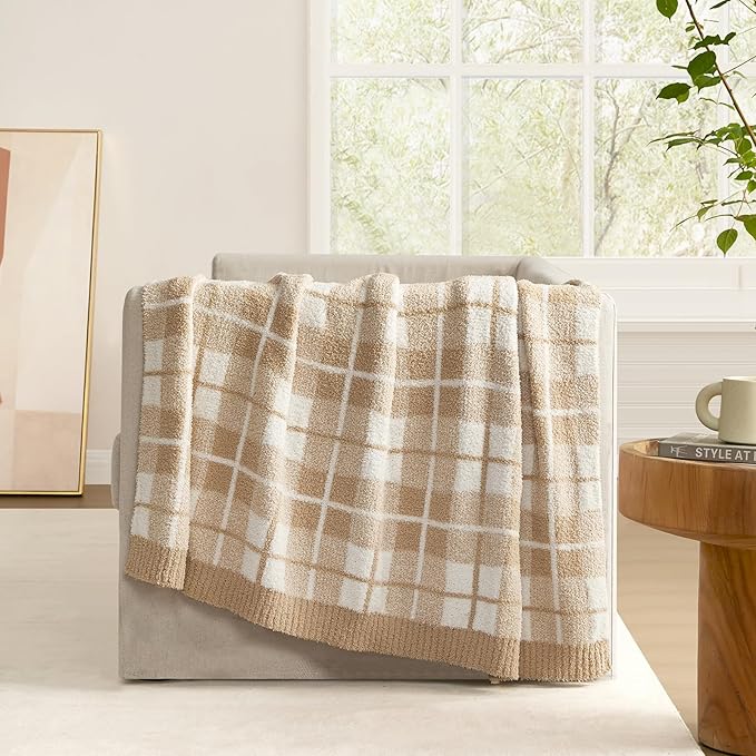Snuggle Sac Checkered Throw Blanket for Couch, Super Soft Cozy Warm Knit Netural Decorative Fluffy Blankets, Reversible Buffalo Plaid Microfiber Throws for Sofa Bed, Beige Plaid, 50x60 Inches
