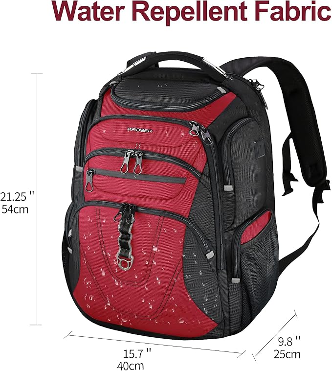 KROSER Friendly Travel Laptop Backpack 18.4 inch XXXL Gaming Backpack Water-Repellent College Daypack Business Backpack with RFID Pockets & USB Port for Men/Women-Black/Red