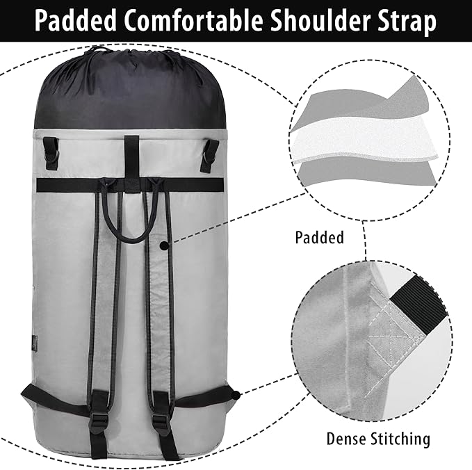 BeeGreen Grey-Laundry-Bag-Backpack-Extra-Large-Heavy-Duty, 125L Portable Travel Laundry Backpack Shoulder Straps & Extendable Clothes Hamper Bag 3 Pockets for College Apartment