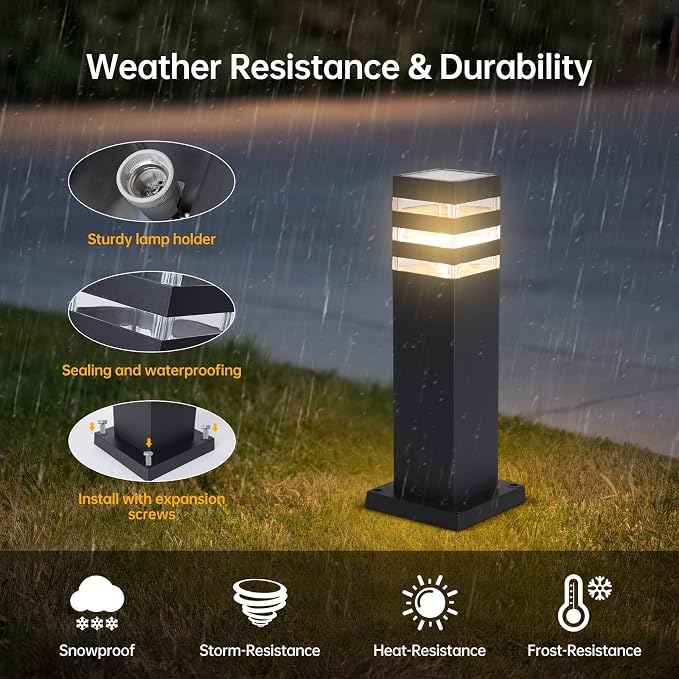 Pathway Lights Hardwired Outdoor 15In Black Lamp Post Walkway Path Lights | Outdoor Landscape Lighting E26 Bollard Lights Waterproof Sideway Post Lantern Anti-rust Exterior Lawn Lamp with 3000K Bulb