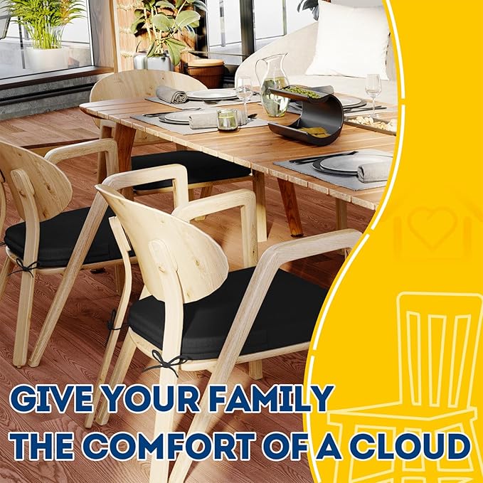 AAAAAcessories D-Shaped Chair Cushions, 2" Thick Dining Chair Pads with Ties and Removable, Machine-Washable Cover, 17" x 16", Set of 8, Black