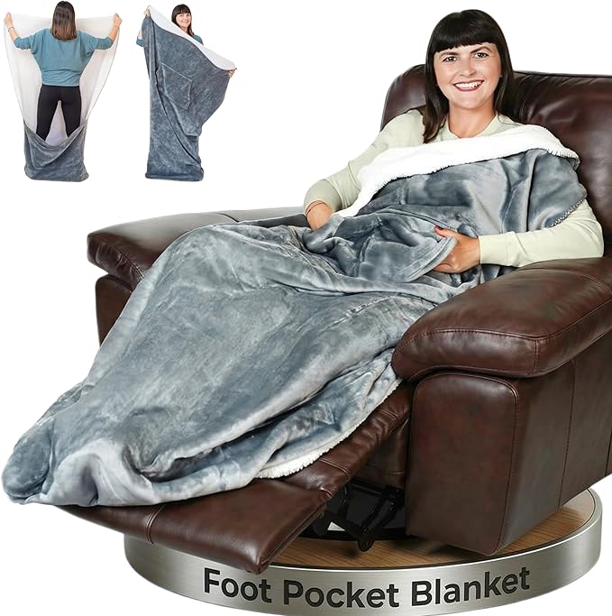 Premium Double Layer Foot Pocket Blanket -Patent Pending- Gamer Gift for Men Who Have Everything - Useful Gifts for Men Who Wants Nothing (Double Layer, Silver Grey)