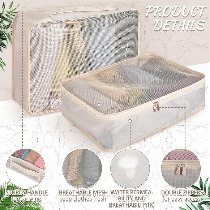 Silkfly 12 Pcs Packing Cubes for Suitcase Travel Luggage Bags Bulk Mesh Organizer Set for Hiking Camping Backpacking Clothes Accessories(Light Khaki, XL, L, M Size)
