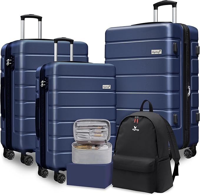 Explorer Luggage Set, Lightweight Hardside Suitcase, Expandable Carry-On Luggage with Travel Backpack & Cosmetic Makeup Bag, 5-Piece Set (20in/24in/28in), Navy Blue
