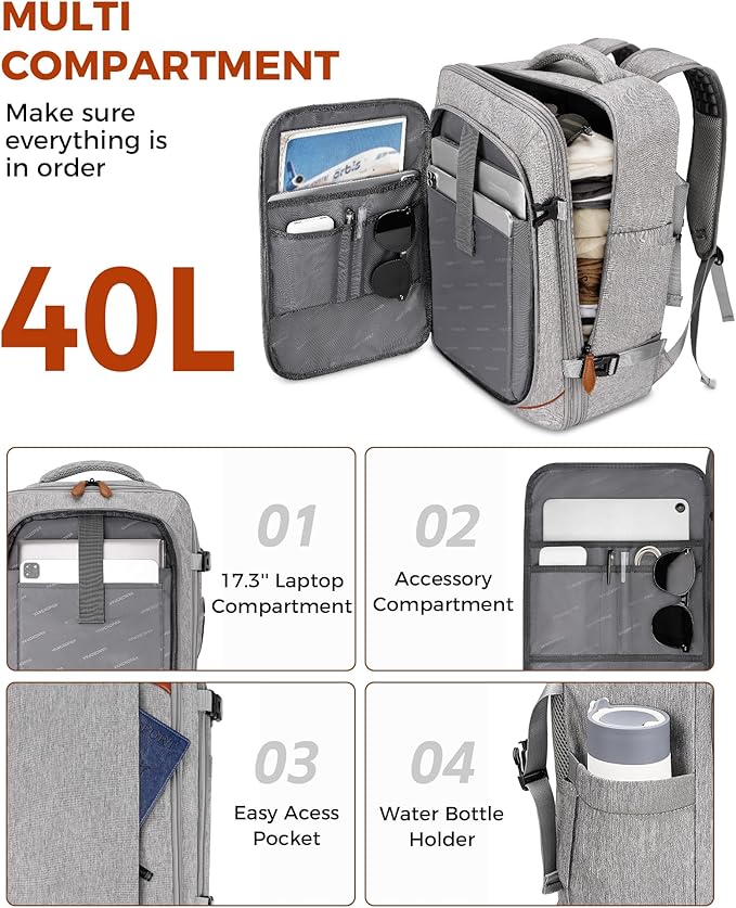 Vancropak Carry on Backpack, Flight Approved 18x14x8 Travel Backpack with 3 Packing Cubes, Expandable Large 40L Travel Bag fits 17.3" Laptop, Anti Theft Luggage Suitcase Weekend for Women Men, Grey