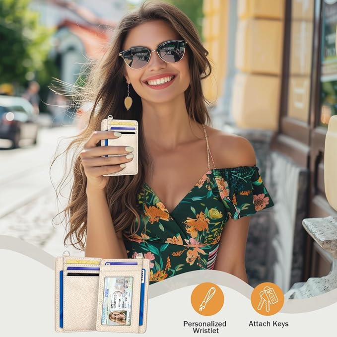 Yonlevres Credit Card Holder for Women, Slim RFID Wallet Front Pocket Small Card Holder, Travel Card Case ID Window PU Leather Cute Funny Thin RFID Blocking Card Organizer Gifts Girls Ladies