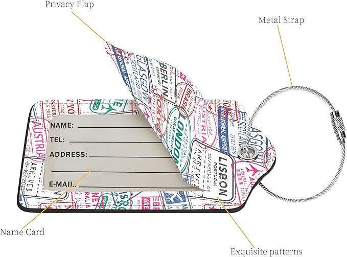 2 Pcs Luggage Tags for Suitcase, Cute Unique PU Leather Travel Bag Tag with Privacy Cover ID Label Address Card and Durable Metal Ring Suitable for Men Women Children Backpack,Stamp Seal