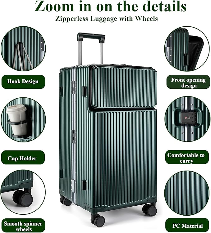 feilario 30in Super Large Captain Aluminum Frame Hardside Spinner Wheels Luggage, Zipperless Checked Suitcase with Front Compartment/Cup Holder/Phone Holder (Forest green,30in)