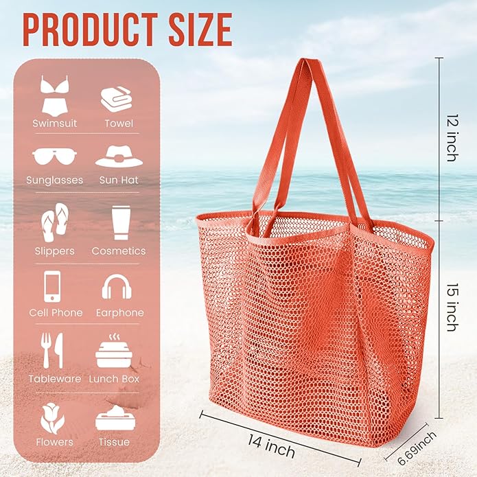 Beach Bags for Women, Summer Travel Mesh Tote Bag with Large Inner Pocket, Sandproof Woven Shoulder Handbag
