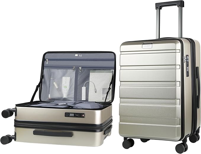 KROSER Carry On Luggage with Spinner Wheels & Built-in TSA Lock, Expandable Top Opening Hard Shell Suitcase Large Capacity Durable Rolling Luggage with USB Port, Carry-On 20-Inch, Champagne