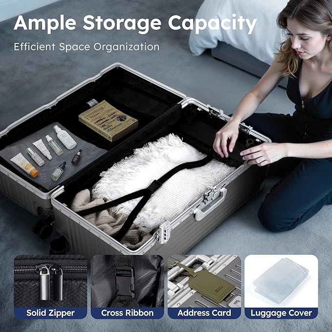 ALPHA CAMP Trunk Luggage, Large 24 Inch Thickened Aluminum Frame Luggage with TSA Spinner Wheels, 3-Layer PC Hardside Zipperless Travel Suitcase, Type-C USB Charging Port, Grey