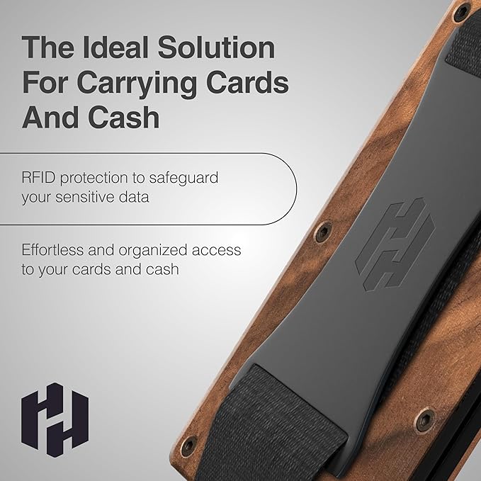 Hayvenhurst Wallet For Men - Reinvented Design Men's Wallet - Slim, Minimalistic & Seamless, Blocks RFID Scanners with a Cash Strap (Walnut Wood)